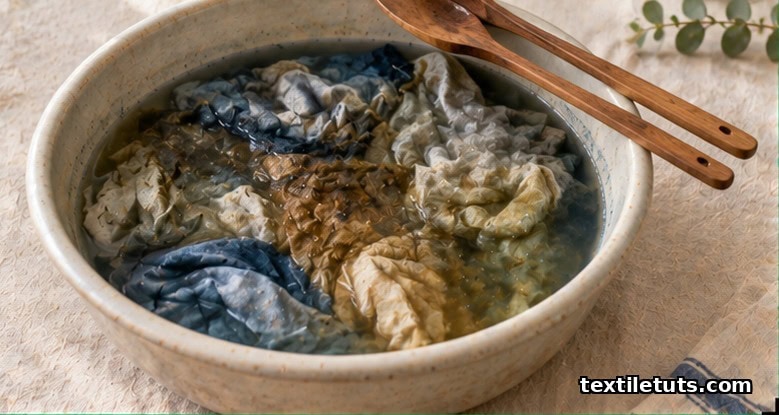 Multiple fabric pieces tangled in a small dye bath showing uneven color absorption