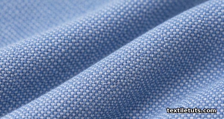 Macro close-up of oxford cloth showing paired warp yarns in a 2x1 basket weave, soft heathered blue cotton surface texture.