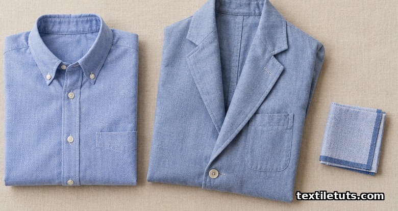 Flat-lay of finished oxford cloth garments including a button-down shirt, lightweight jacket, and pocket square.
