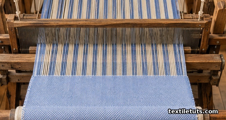 Overhead view of a weaving loom showing paired warp threads crossing a single weft, demonstrating the basket weave pattern.