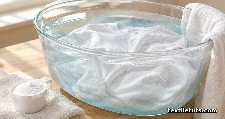 White cotton garment fully submerged in a clear glass basin of warm oxygen bleach soak solution.
