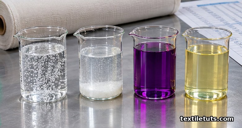 Four glass beakers of peroxide, persulfate, permanganate, and chlorite desizing solutions on a lab bench.