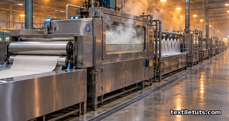 Continuous pad-steam pretreatment range with fabric entering the bath, steam chamber, and wash section.
