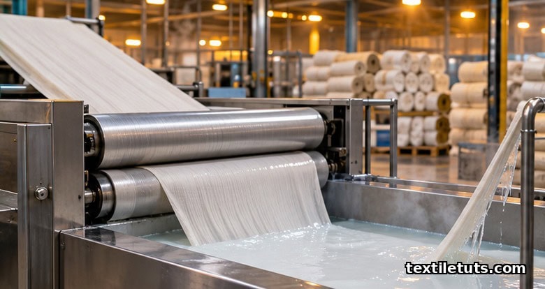 Greige cotton fabric entering a stainless steel pad mangle trough in a textile mill for oxidative desizing pretreatment.