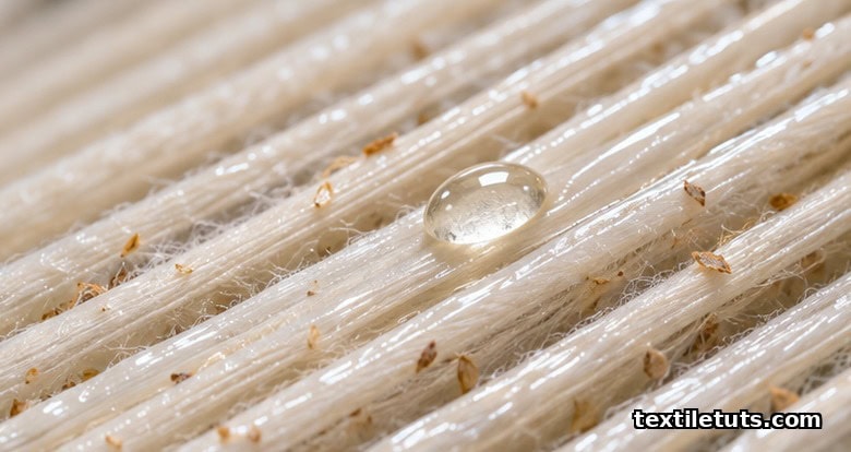 Macro view of starch-coated warp yarns on a loom with a water droplet beading on the size film.