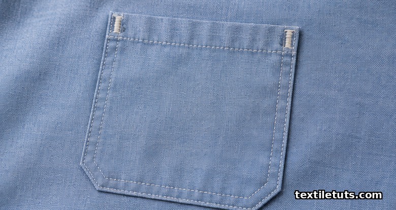 Close-up of a rectangular patch pocket topstitched onto cotton shirting with bar-tacked corners.