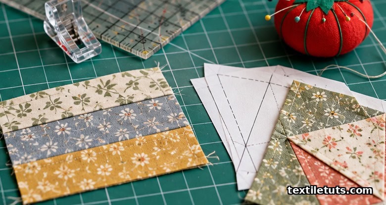Quarter-inch presser foot, gridded ruler, strip-pieced unit, and paper-piecing templates on a cutting mat.