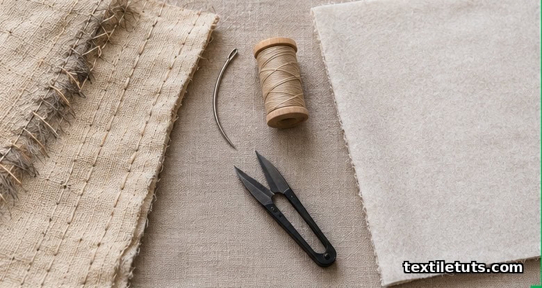 Side-by-side comparison of hand-padded canvas stitches and fused canvas construction with sewing tools.