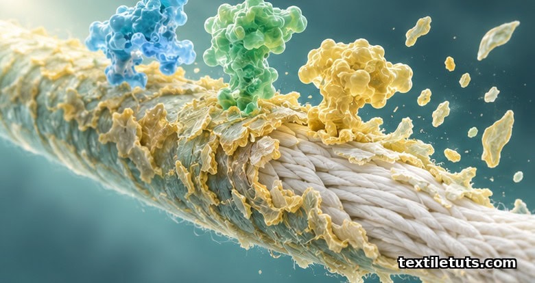Microscopic view of pectinase enzymes hydrolyzing pectin to release wax from cellulose microfibrils inside cotton fiber.