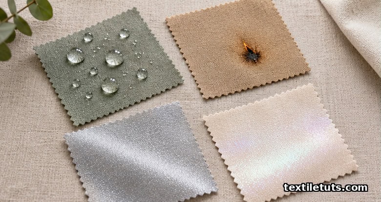 Four fabric swatches displaying water resistance, flame resistance, antimicrobial, and UV protective performance finishes on linen.