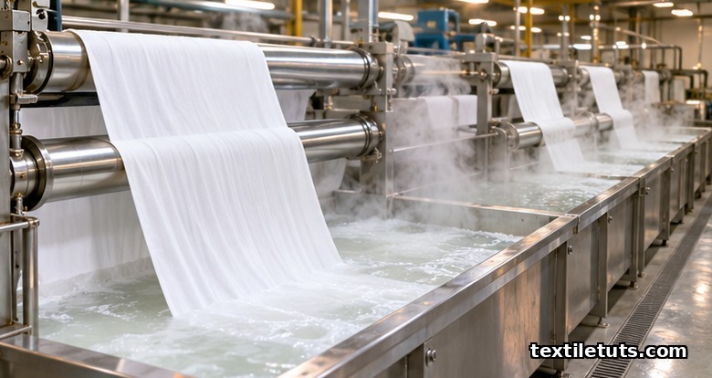 White cotton fabric sheets passing through a wet bleach bath on stainless-steel rollers in a textile mill, with soft steam rising.