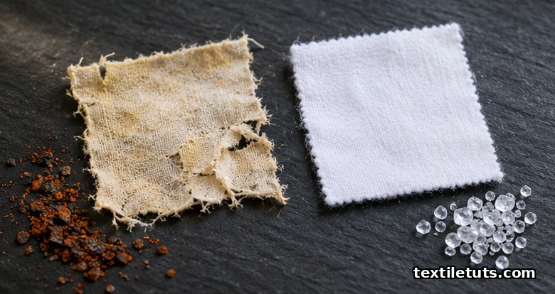 Yellowed weakened cotton swatch beside a pristine white swatch with rust-colored iron filings and clear stabilizer crystals on a dark surface.