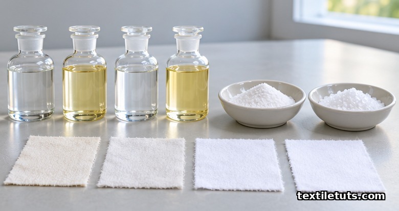 Glass reagent bottles and dishes of white crystalline powders arranged on a lab bench beside cotton fabric swatches showing whiteness.