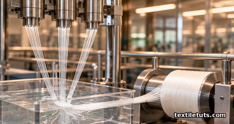 Close-up of a wet-spinning line with polymer solution extruding through spinnerets into a coagulation bath and winding onto a take-up spool.