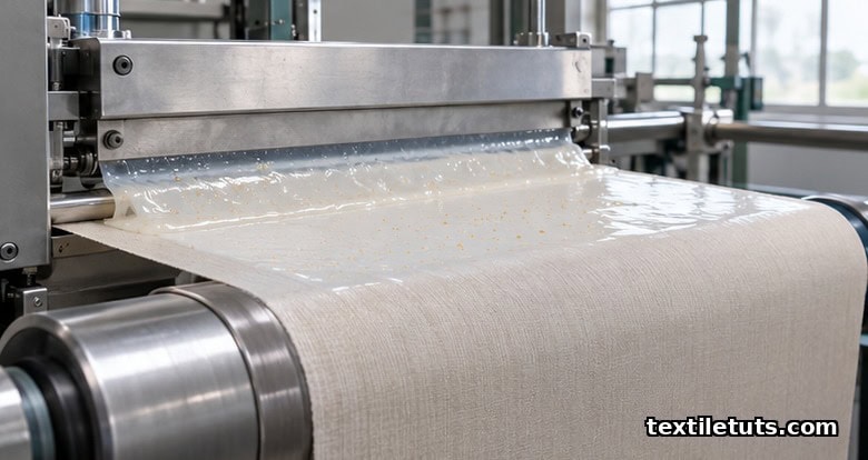 Industrial textile finishing line showing white woven fabric passing under a knife-coater applying a milky binder dispersion of PCM microcapsules.