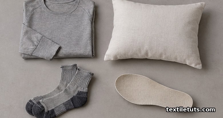 Flat-lay still life of PCM-treated textile products including a folded running shirt, a pillow, hiking socks, and a shoe insole on a neutral surface.