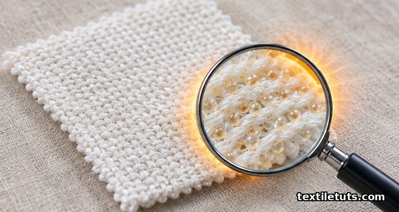 Overhead editorial view of a woven fabric swatch with a magnifying glass revealing PCM microcapsules embedded in yarn fibers, illustrating thermal buffering.