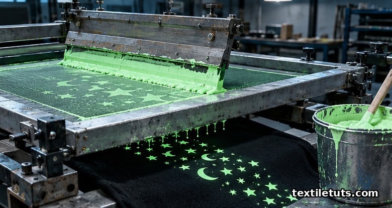 Screen printing press dragging pale green phosphorescent pigment paste through mesh onto black fabric in a textile workshop.