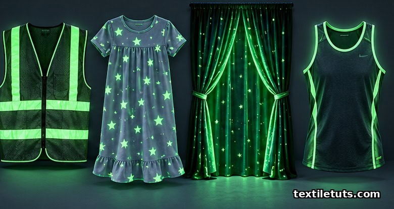 Safety vest, children's nightwear, stage curtain, and running gear with phosphorescent glow trim in low light.