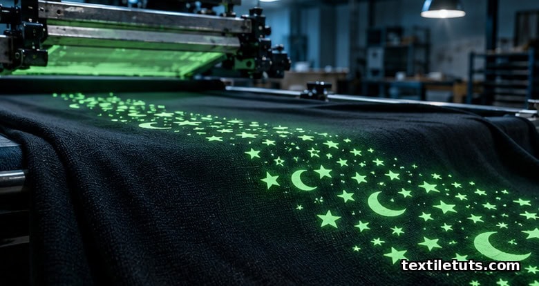 Roll of dark fabric with glowing green afterglow pattern from phosphorescent textile printing in a dim studio.