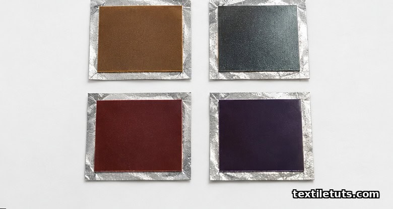 Four rectangular thin-film photovoltaic samples arranged on a white ceramic substrate showing amorphous silicon, CIGS, perovskite, and organic polymer films.