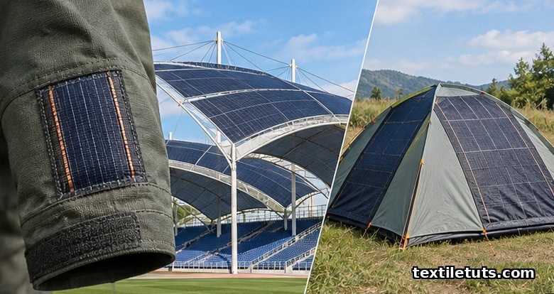 Three solar textile installations: a wearable photovoltaic patch on a sleeve, a stadium canopy with photovoltaic membranes, and a tent with solar-fabric rainfly.