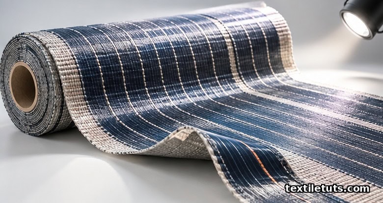 Roll of flexible photovoltaic textile unfurled under studio light, showing woven fabric with dark thin-film solar cells bonded to the warp threads.