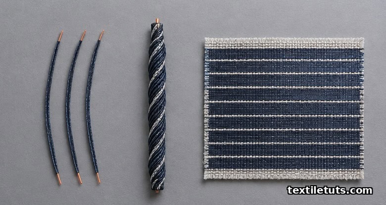 Side-by-side comparison of fiber-shaped, yarn-shaped, and substrate-coated photovoltaic textile samples laid flat on a matte grey surface.