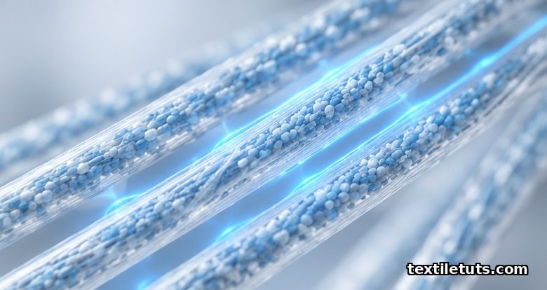 Macro close-up of piezoelectric textile fibers with embedded ceramic nanowires showing faint surface charge separation.