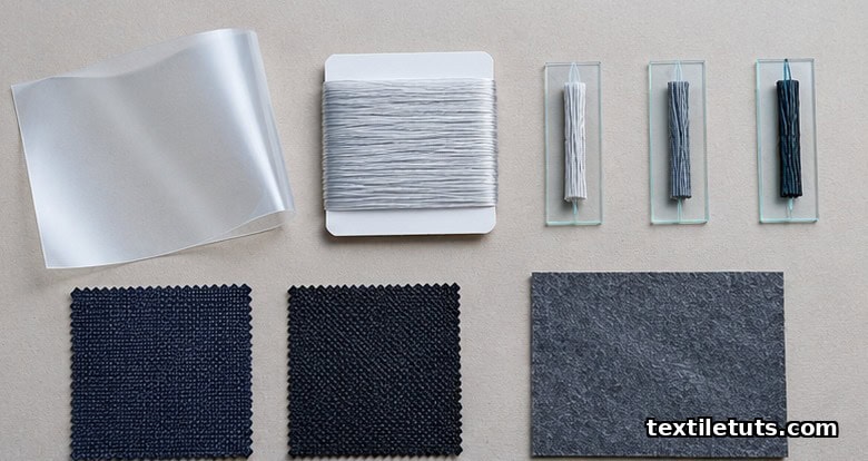 Flat-lay of PVDF film, BaTiO3 composite yarn, zinc oxide nanowires, and MXene-coated textile material samples.