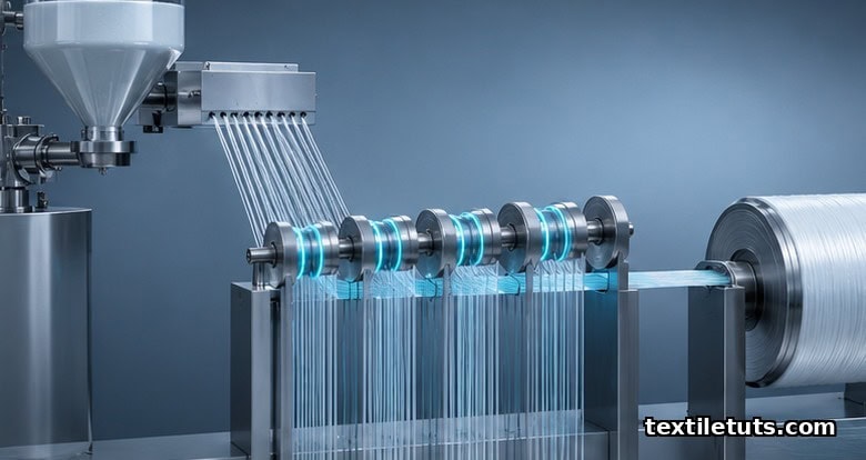 Melt-spinning line with spinneret and segmented electrode rollers producing poled piezoelectric filament yarn.