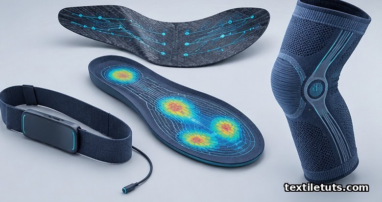Wearable piezoelectric textile applications: chest respiration belt, sensor insole, knee sleeve, structural-health panel.