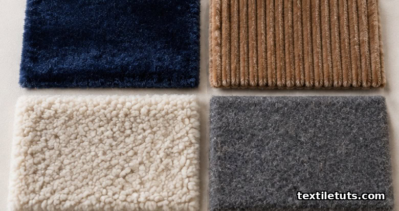 Flat-lay of four pile-fabric swatches: cotton velvet, corduroy with wales, polar fleece, and wool melton, showing different pile textures.