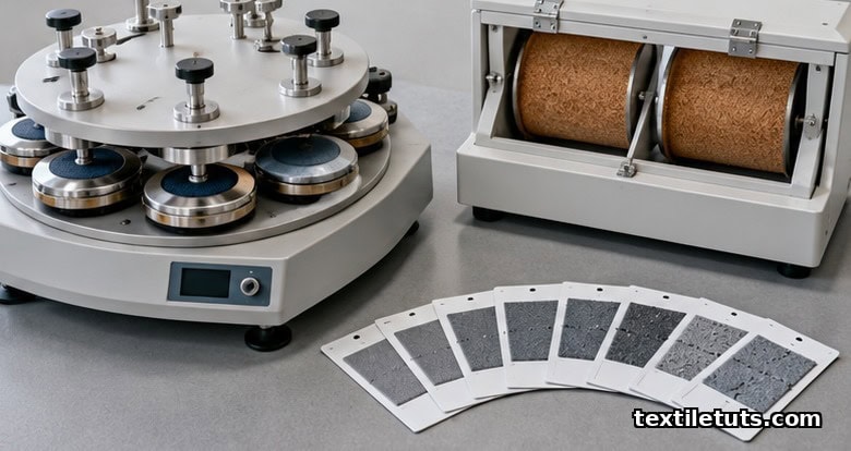Textile lab bench with Martindale abrasion tester, ICI pilling box, and photographic grading standards.