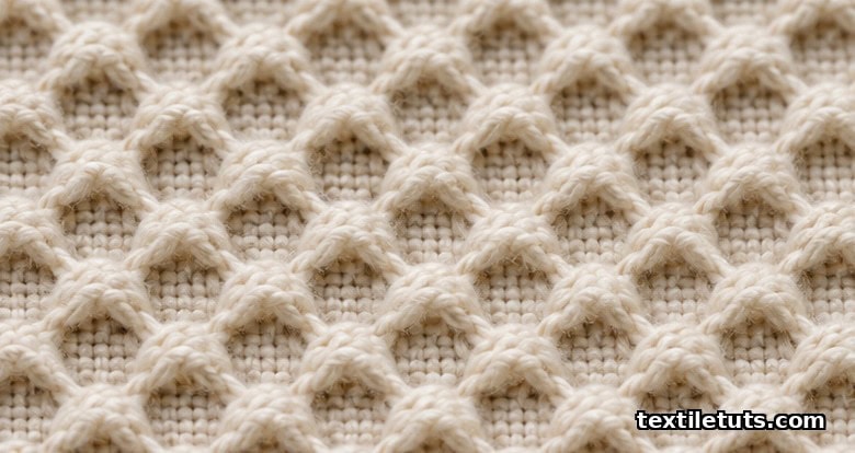 Macro view of woven piqué cloth with raised waffle and honeycomb geometric cells formed by stuffer warp floats above ground weave.