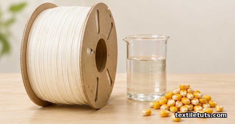 Pale off-white PLA biopolymer filament on a spool beside lactic acid beaker and corn kernels, editorial studio shot.
