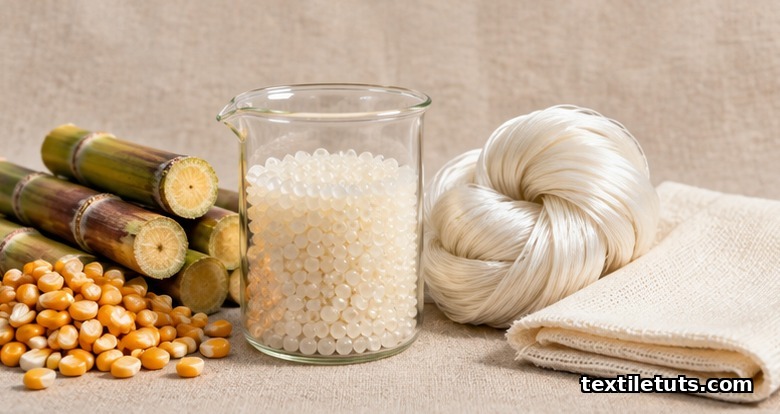Corn kernels, sugarcane stalk, translucent PLA pellets, white PLA yarn, and woven PLA fabric on a linen backdrop.