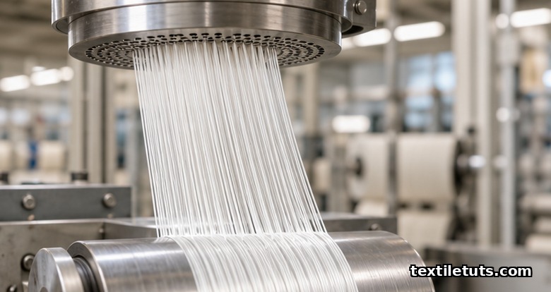 Close-up of PLA polymer extruding through a metal spinneret into fine white filaments on a melt-spinning line.