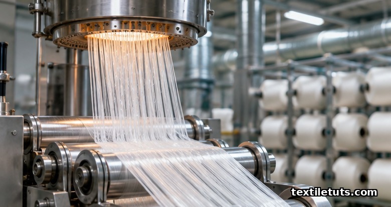 Industrial melt-spinning line extruding PLA polymer into fine filaments through a heated spinneret onto rollers.