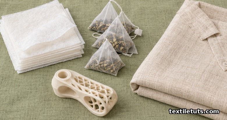Flat-lay of PLA end-uses including compostable wipes, tea bags, shirting fabric swatch, and a 3D-printed prototype part.