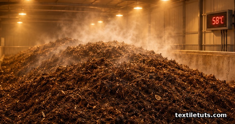 Industrial composting chamber with a warm dark compost mound, rising steam, and wall-mounted temperature readout.