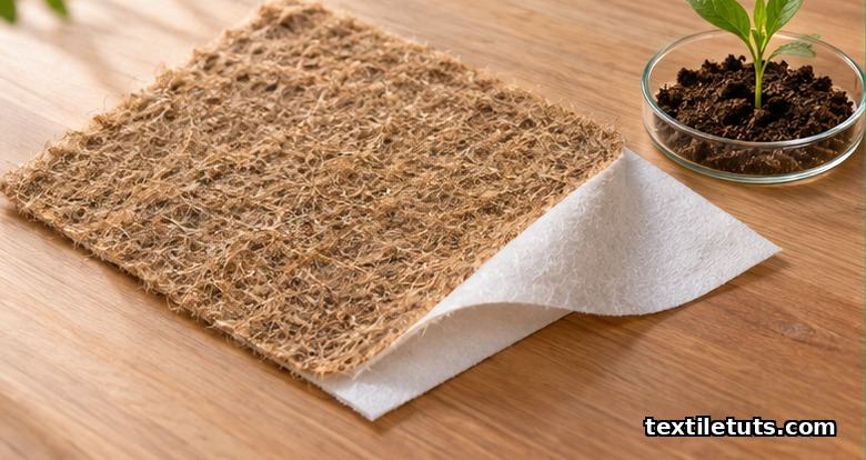 PLA-jute hybrid nonwoven mat showing brown jute face and white PLA backing, paired with a sprouting seedling to suggest agricultural use.