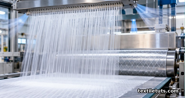 Spunbond PLA extrusion line with continuous white filaments falling from a spinneret die onto a moving conveyor belt for thermal bonding.