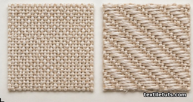 Side-by-side macro comparison of a tightly woven plain-weave fabric swatch and a long-float satin-weave swatch laid flat.
