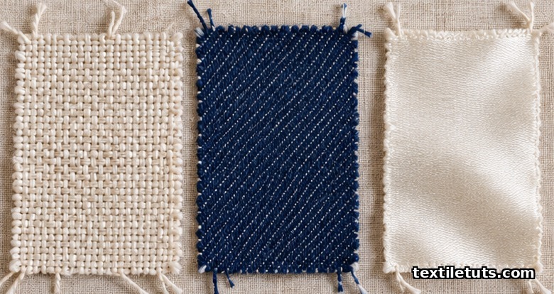 Macro photograph of three woven fabric swatches comparing plain weave, indigo twill diagonal, and lustrous ivory satin side by side.