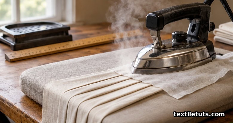 Steam iron pressing a folded pleat into polyester fabric at a tailor's pressing station.
