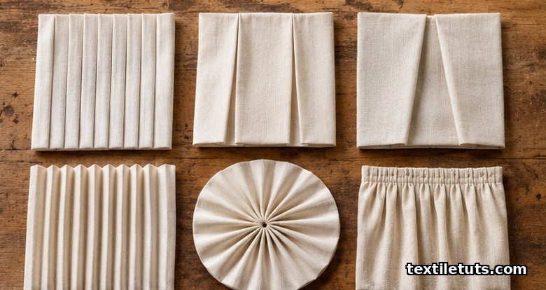 Six folded fabric swatches showing knife, box, inverted box, accordion, sunburst, and cartridge pleats.