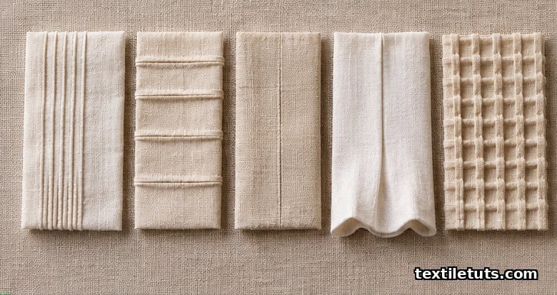 Close-up of fabric swatches showing pin, spaced, blind, shell, and cross tucks on linen.
