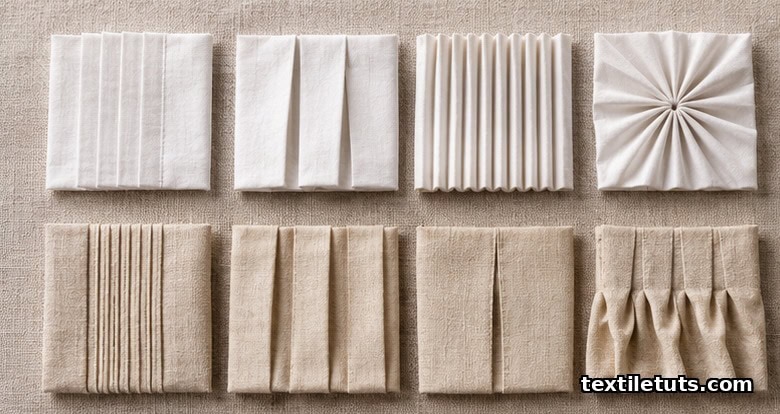 Flat-lay textile study comparing rows of named pleat and tuck swatches on neutral linen backdrop.