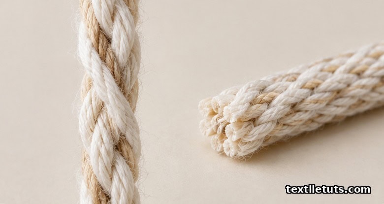 Macro of a balanced two-ply Z-on-S yarn beside a three-ply ZZS sewing thread, showing the opposing helix structure of plied construction.